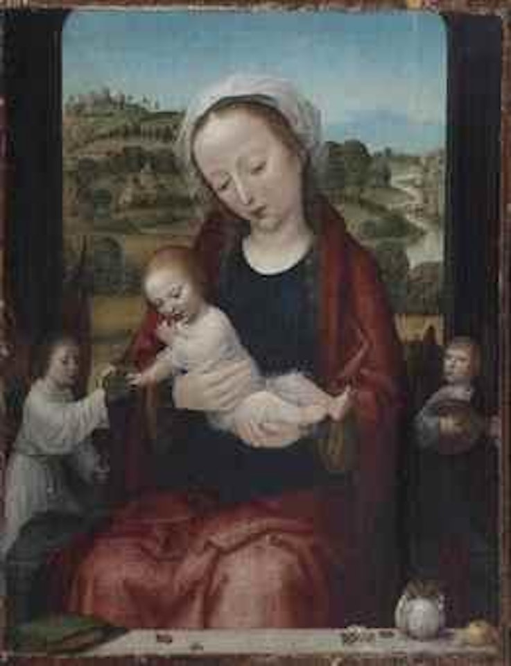 The Virgin and Child enthroned, attended by angels, before an open window with a hilly river landscape beyond by Adriaen Isenbrandt