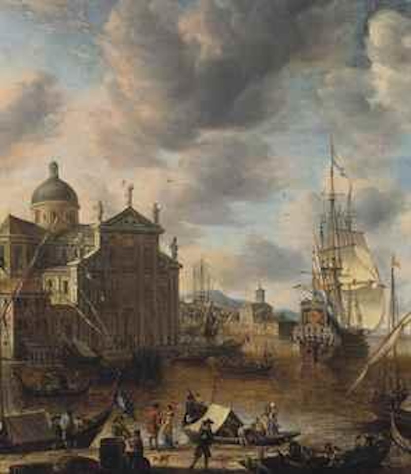 A Mediterranean 'capriccio' harbour with figures conversing on a quay and a Dutch three-master mooring beyond by Jan Abrahamsz. Beerstraten