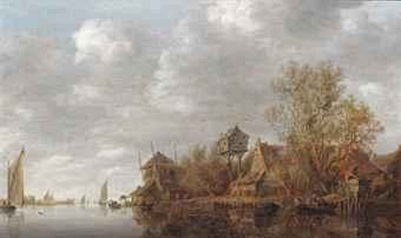 A river landscape with farmhouses and a dovecote on the right bank, and several sailing boats and other fishing vessels on the water by Jan van Goyen