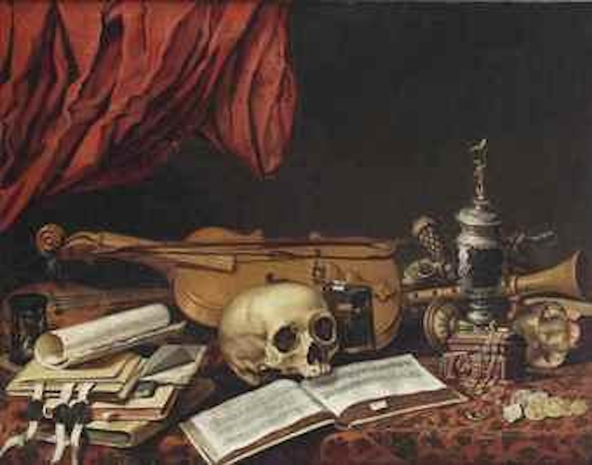 A violin, a music book, various other books and instruments on a draped table, before a red curtain by Dutch School
