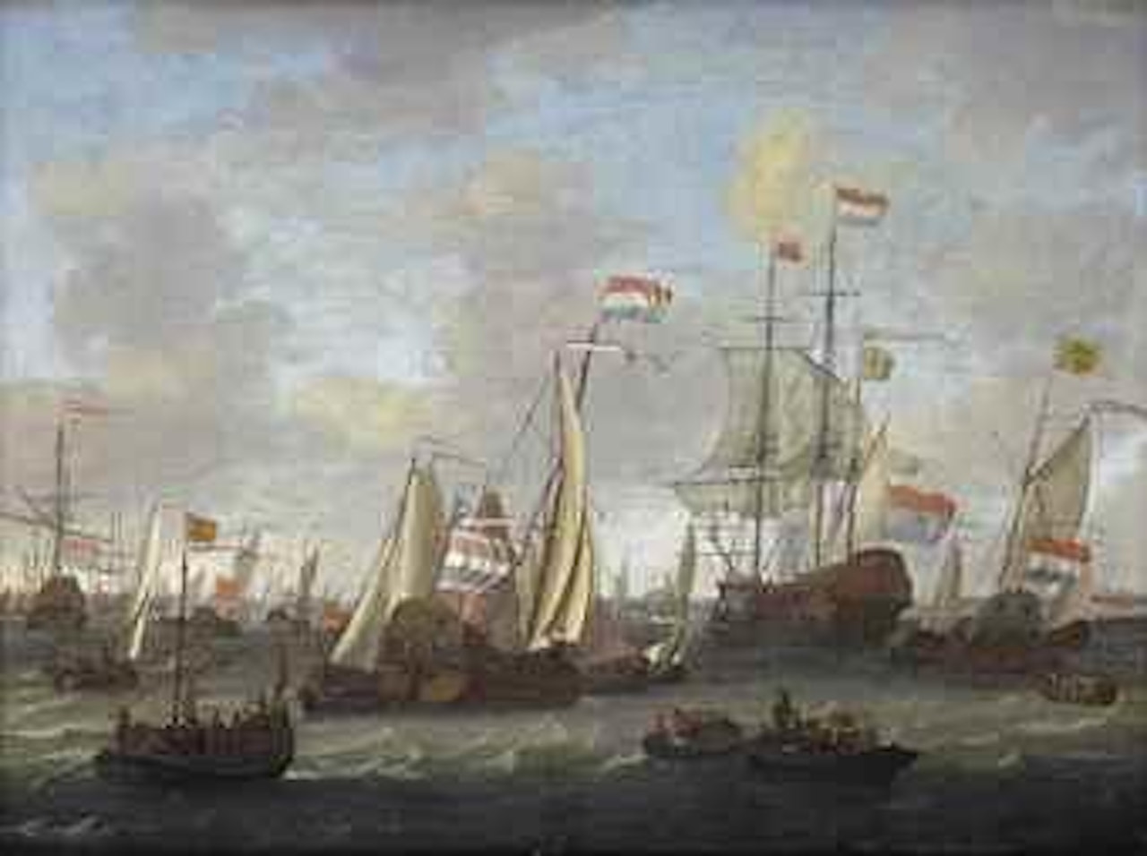 A parade of Dutch ships in choppy waters by Abraham Storck