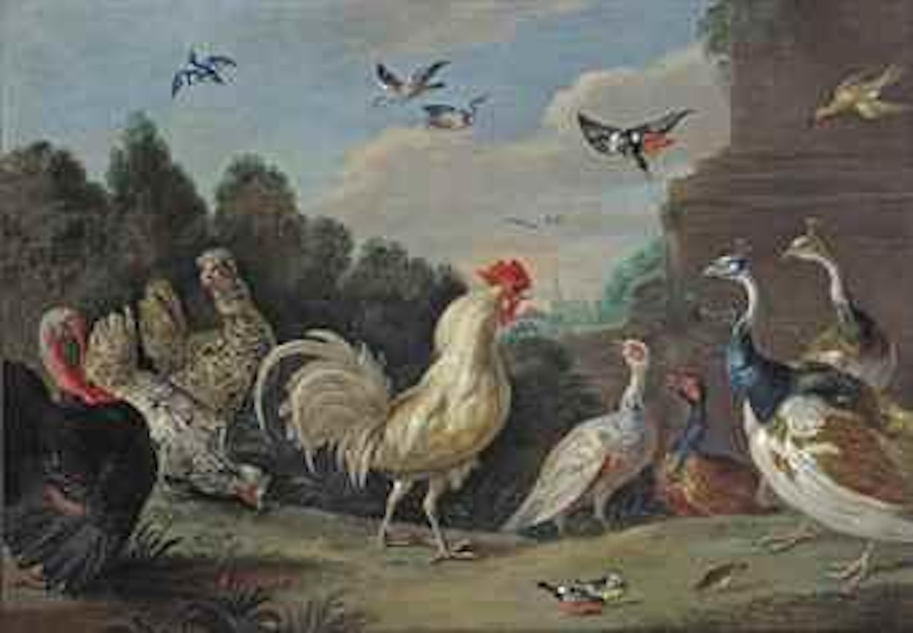A cock, hens, a turkey, guinea fowl, finches and other birds by a plinth in a wooded landscape by Jan Van Kessel The Elder