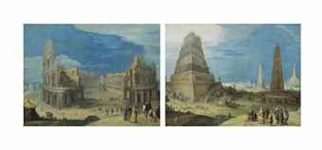 Figures before the Colosseum in Rome; and Nimrod supervising the construction of the Tower of Babel by Hendrick van Cleve