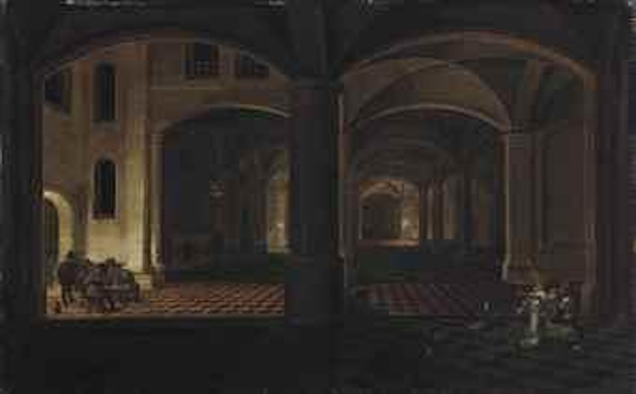 A grand interior by night with men playing cards and the Summoning of Saint Peter by Pieter Neeffs by David Teniers II