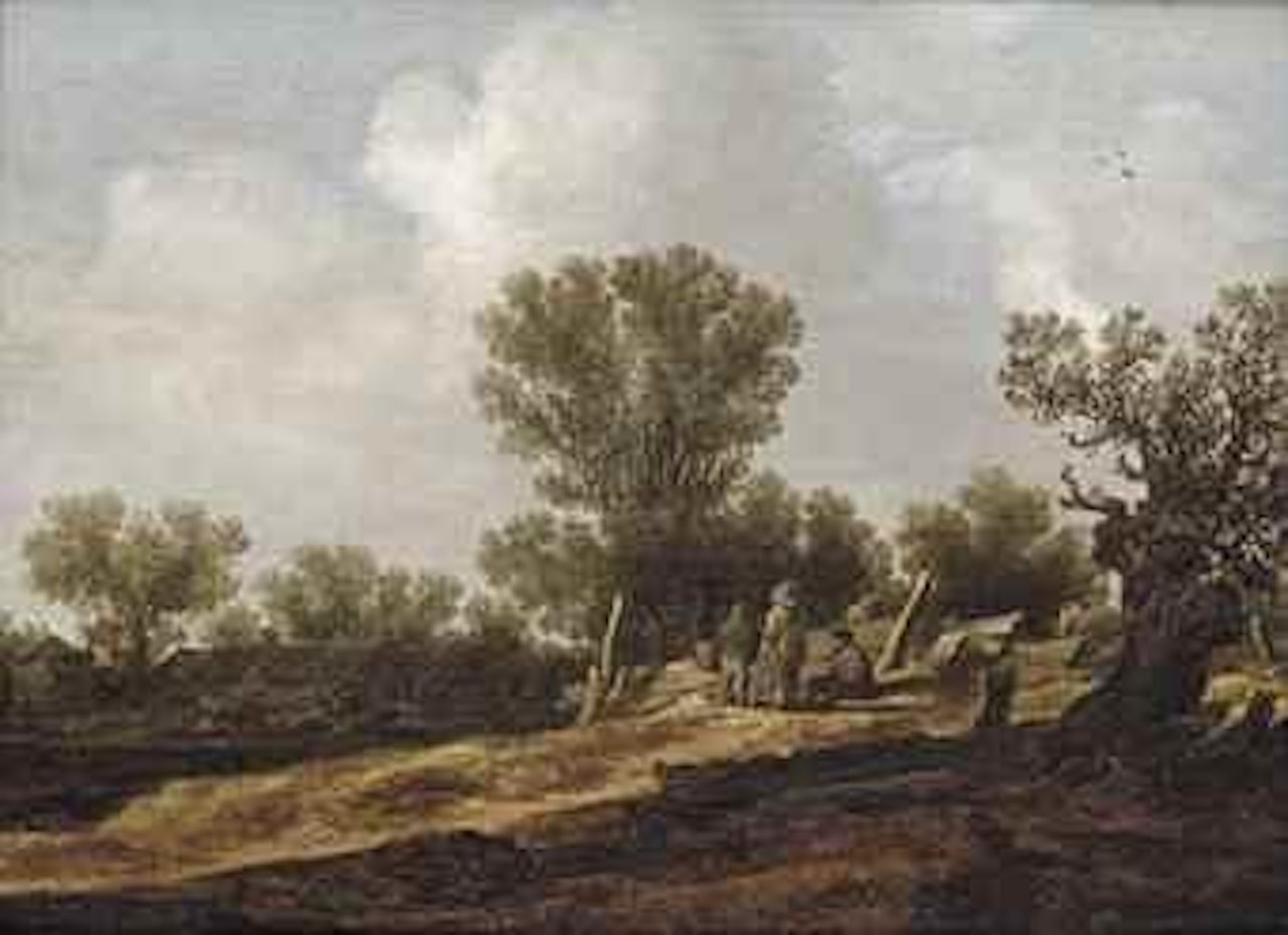 A landscape with figures resting by a fence, a farmhouse with a maid milking cows beyond by Jan van Goyen
