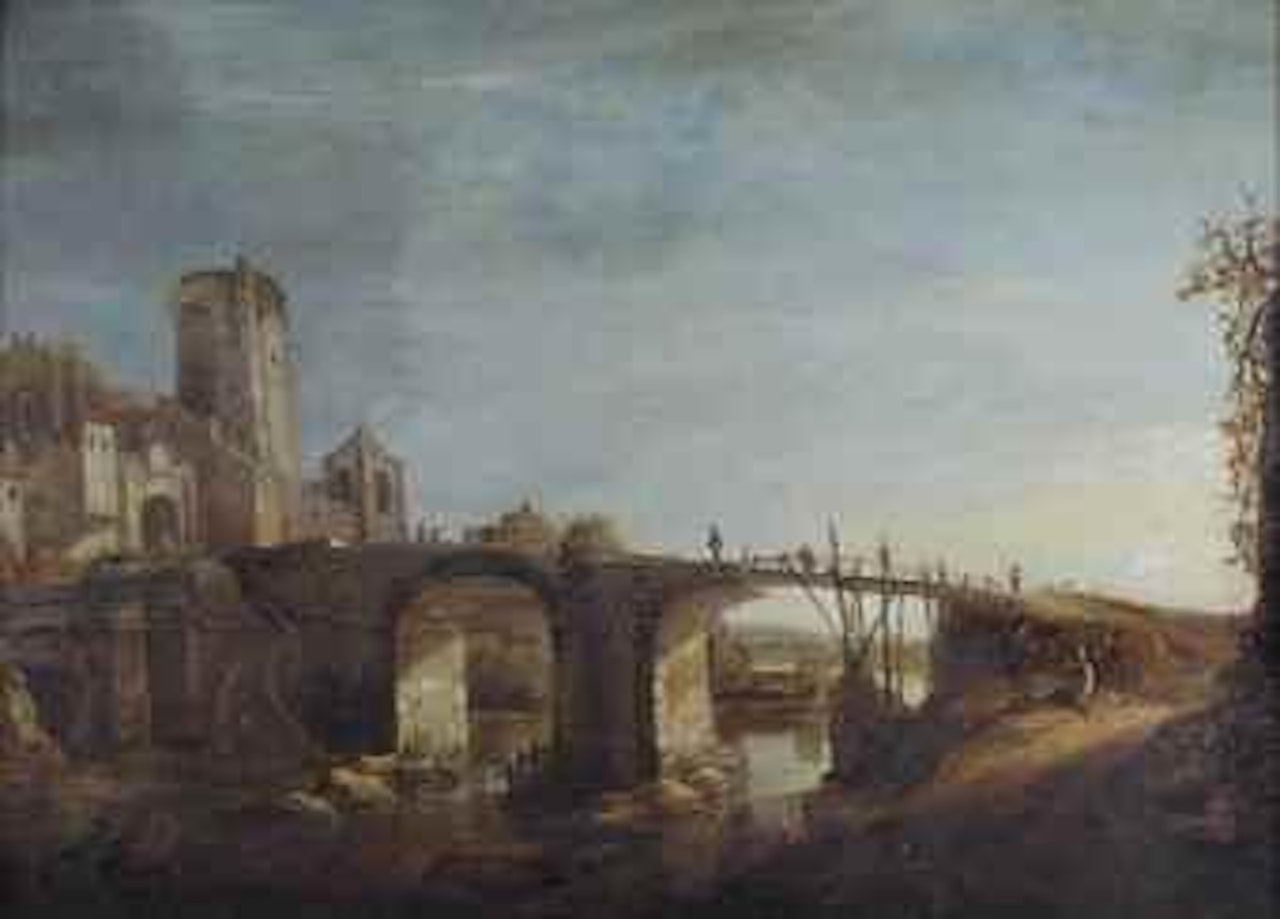 An Italianate river landscape with figures resting near a bridge, a town on the left bank by Jan Abrahamsz. Beerstraten