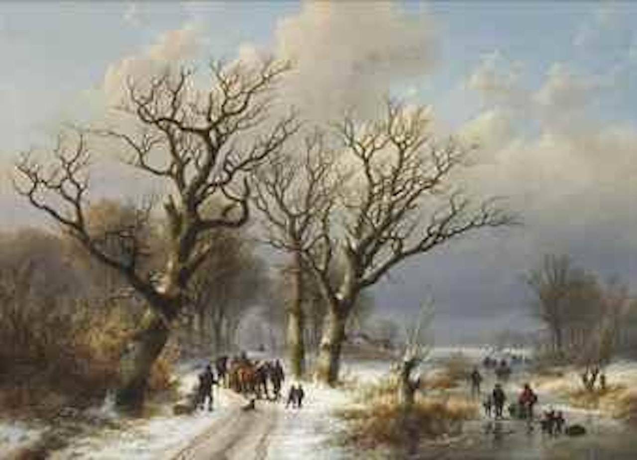 A winter landscape with numerous figures on the ice by Johann Bernard Klombeck by Eugène Joseph Verboeckhoven