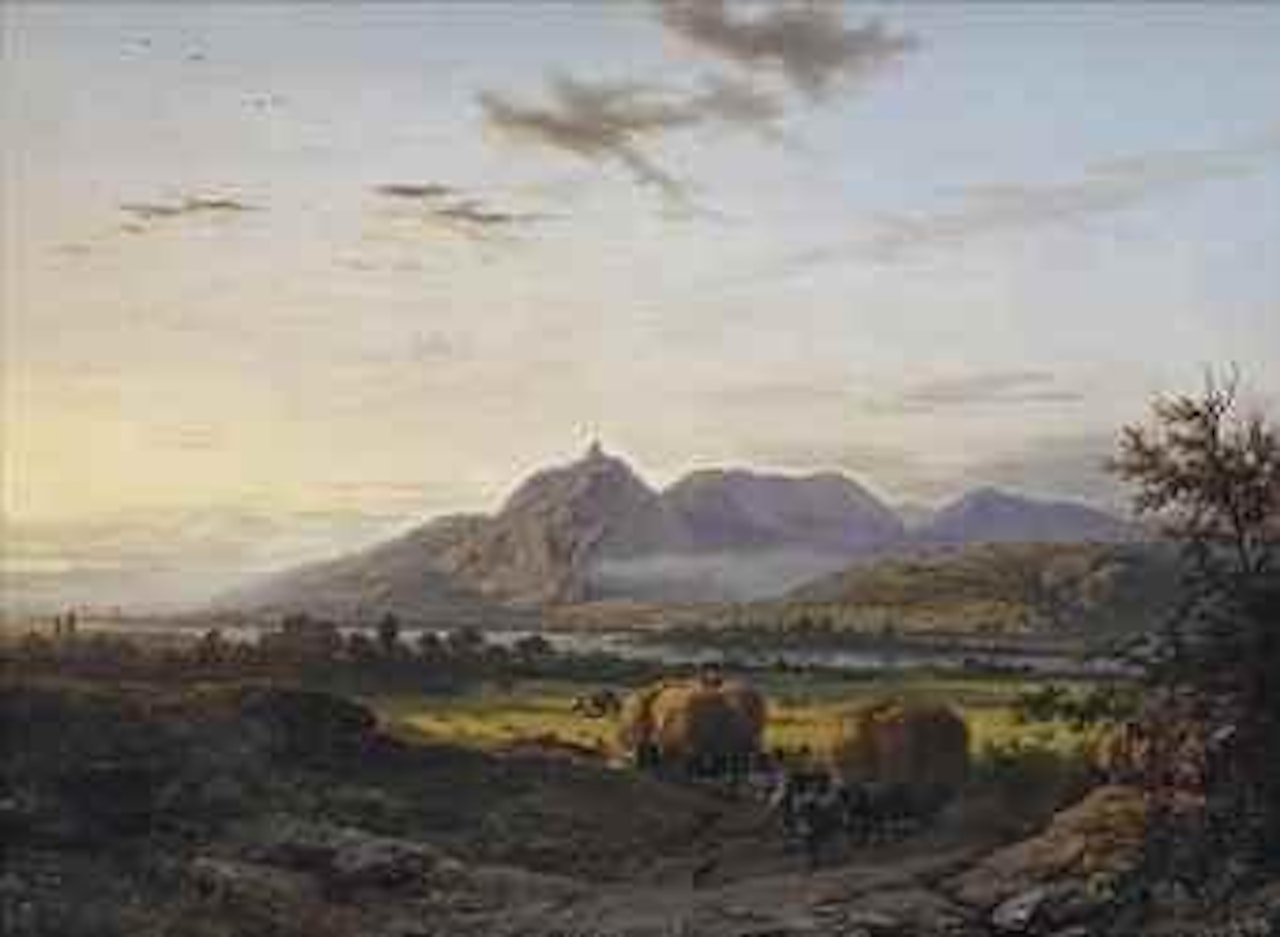 Bergachtig landschap in het karakter van den Rhein; harvest month in the Rhine-valley near Nonnenwerth with a view of the Siebengebirge, Germany by Barend Cornelis Koekkoek