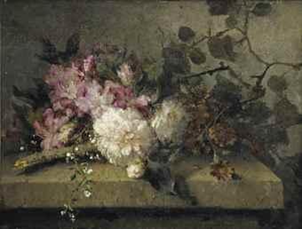 Rhododendrons and roses on a stone ledge by Margaretha Roosenboom