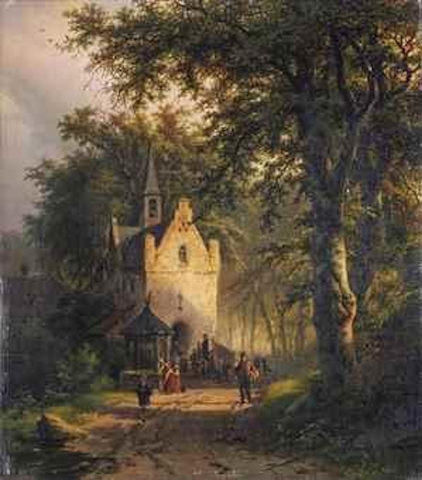 Boomrijk landschap waarin eene kapel bij ondergaande zon: a wooded landscape with a chapel at sunset by Barend Cornelis Koekkoek