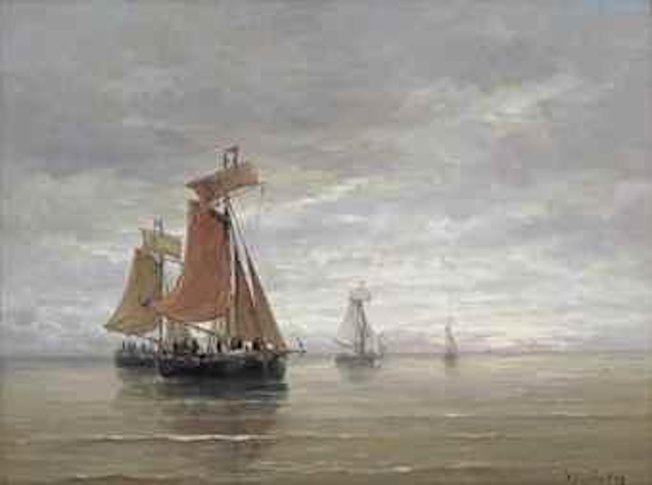 Bomschuiten on a calm sea by Hendrik-Willem Mesdag