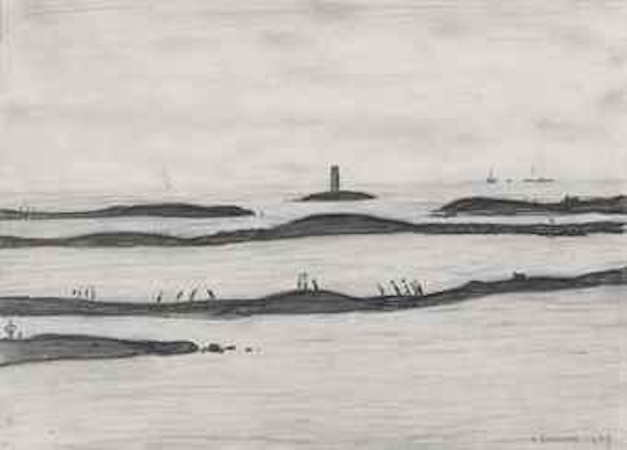 A lighthouse with figures by Laurence Stephen Lowry