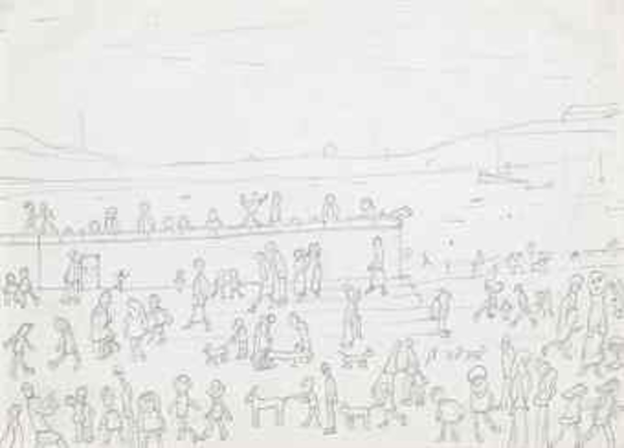 Group of figures by the sea, with dogs and steps by Laurence Stephen Lowry