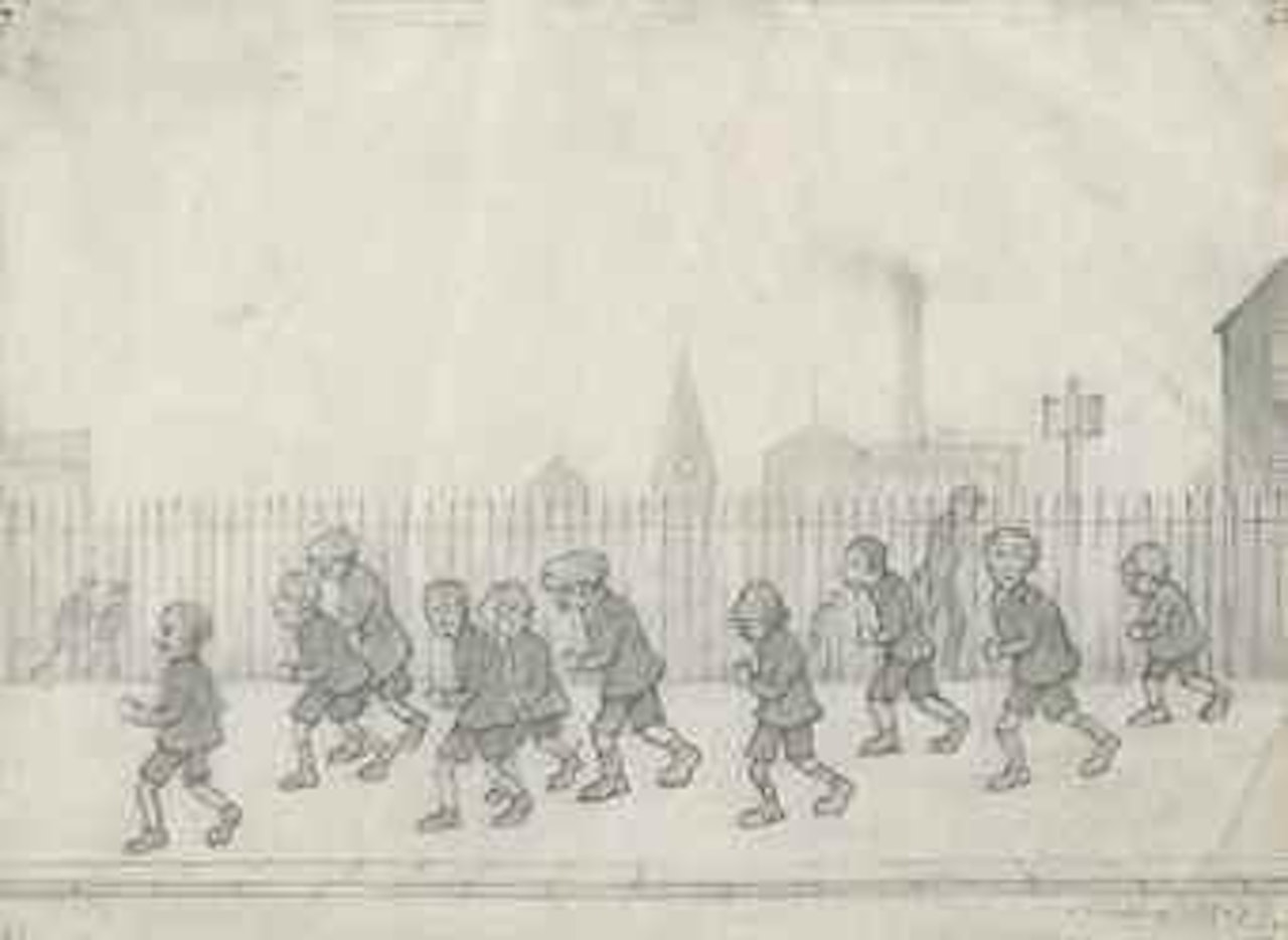 Children running in front of a fence by Laurence Stephen Lowry