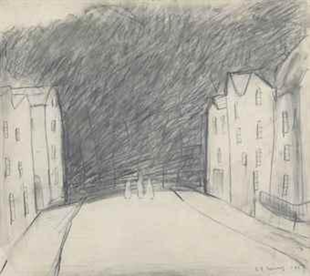 Street with houses and three figures by Laurence Stephen Lowry