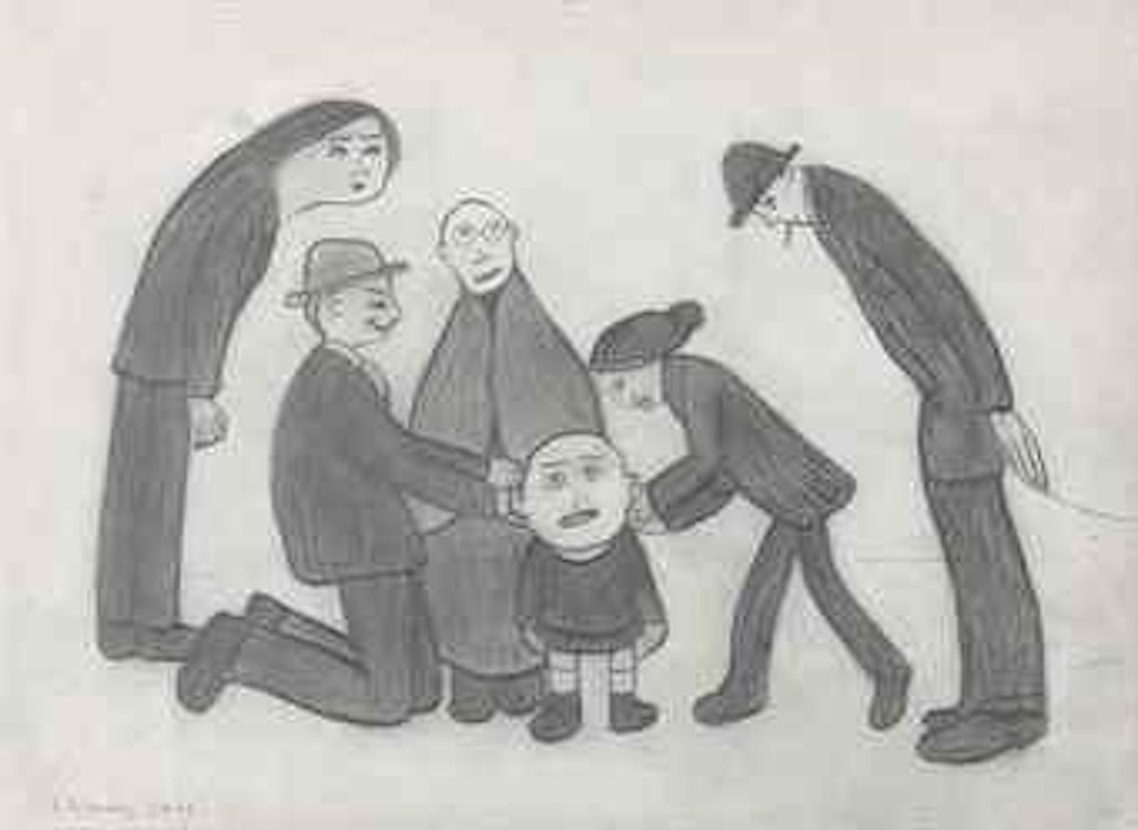 Five figures and a child held by his ears by Laurence Stephen Lowry