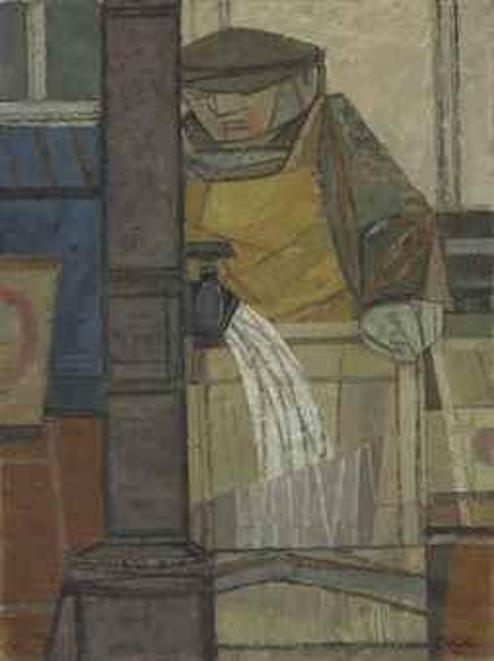 Man washing fish boxes by Prunella Clough