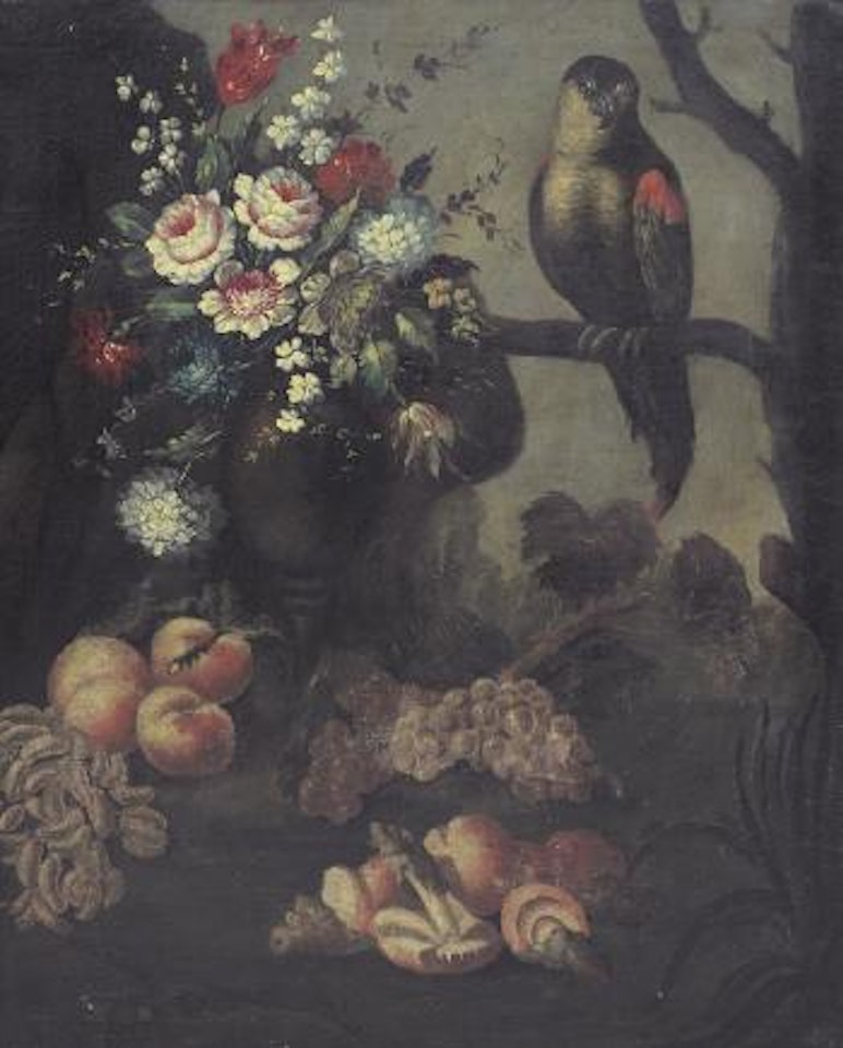 Natura morta con vaso di fiori e Pappagallo su ramo by Neapolitan School