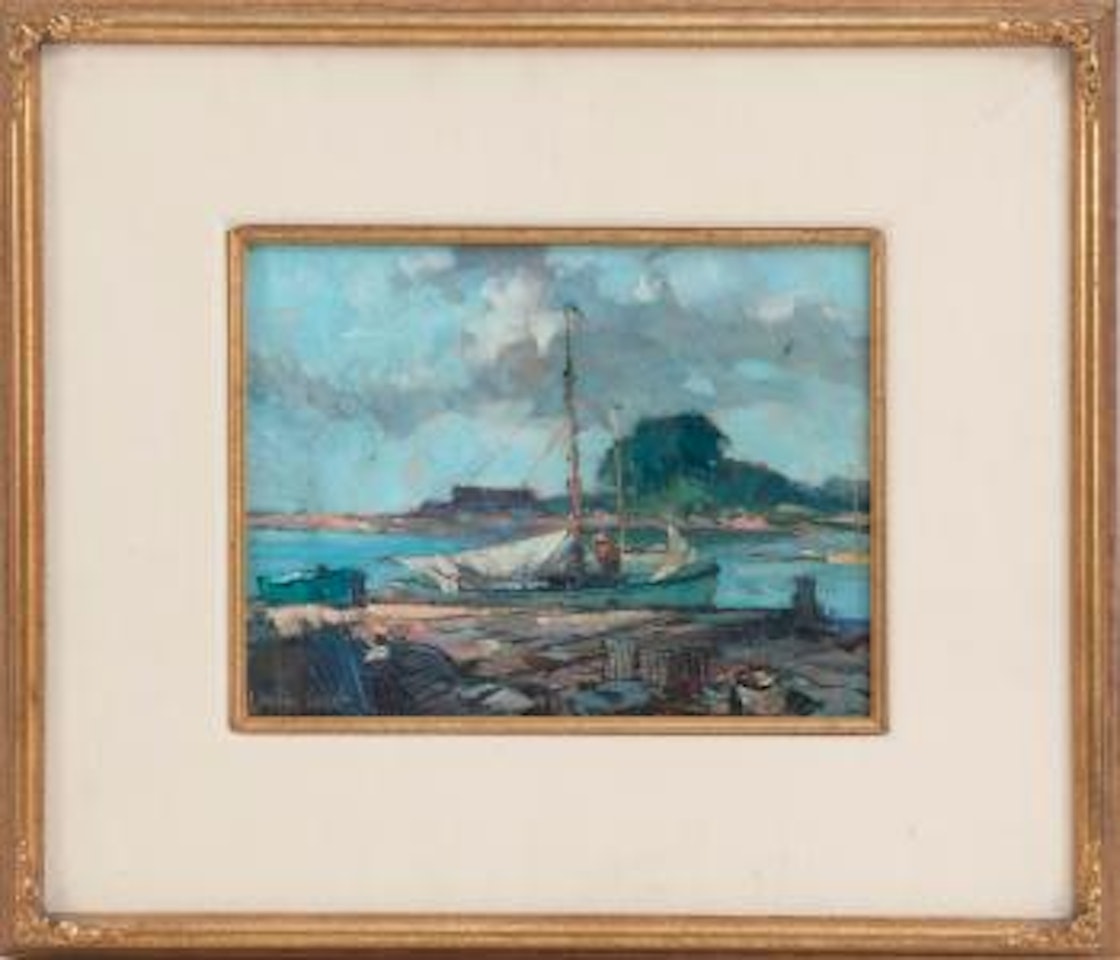 Shore scene with lobster traps and a sailboat by Gordon Grant