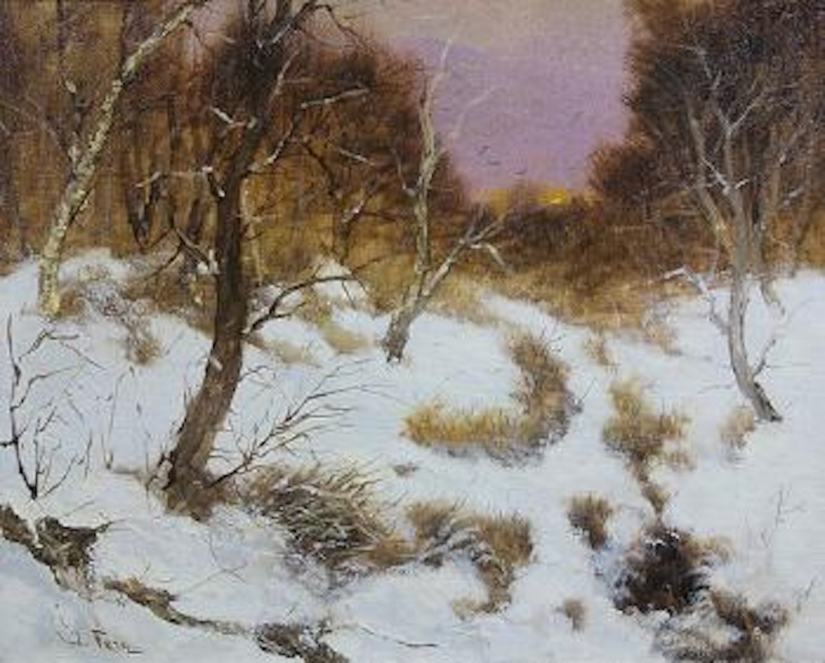 Sunset on a snow covered field by John Fery