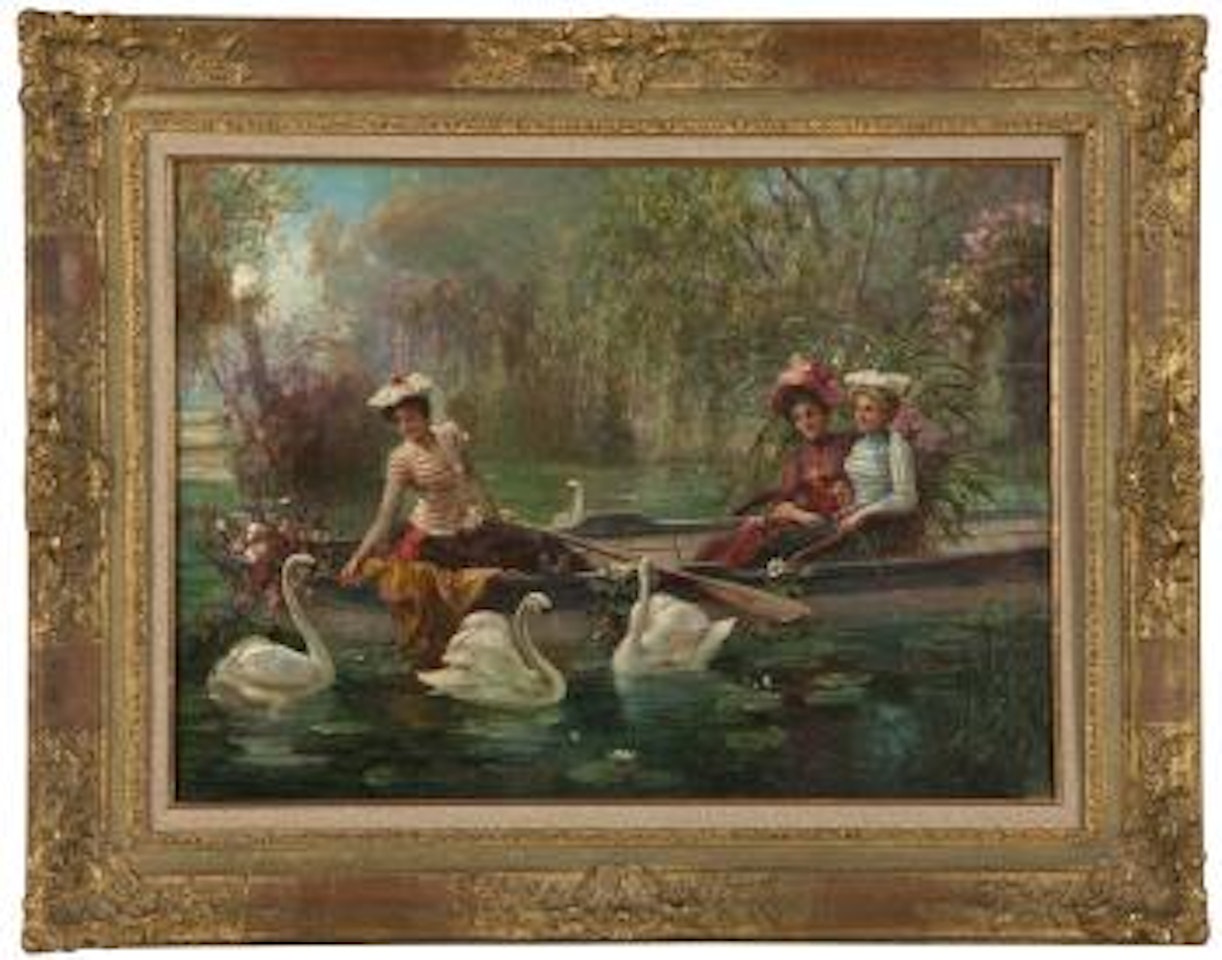 Women in a boat feeding geese by Hans Zatzka