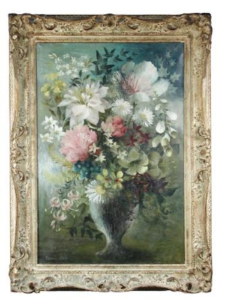 Still life of lilies, peonies, foxgloves and daisies in a vase by Mary Fedden