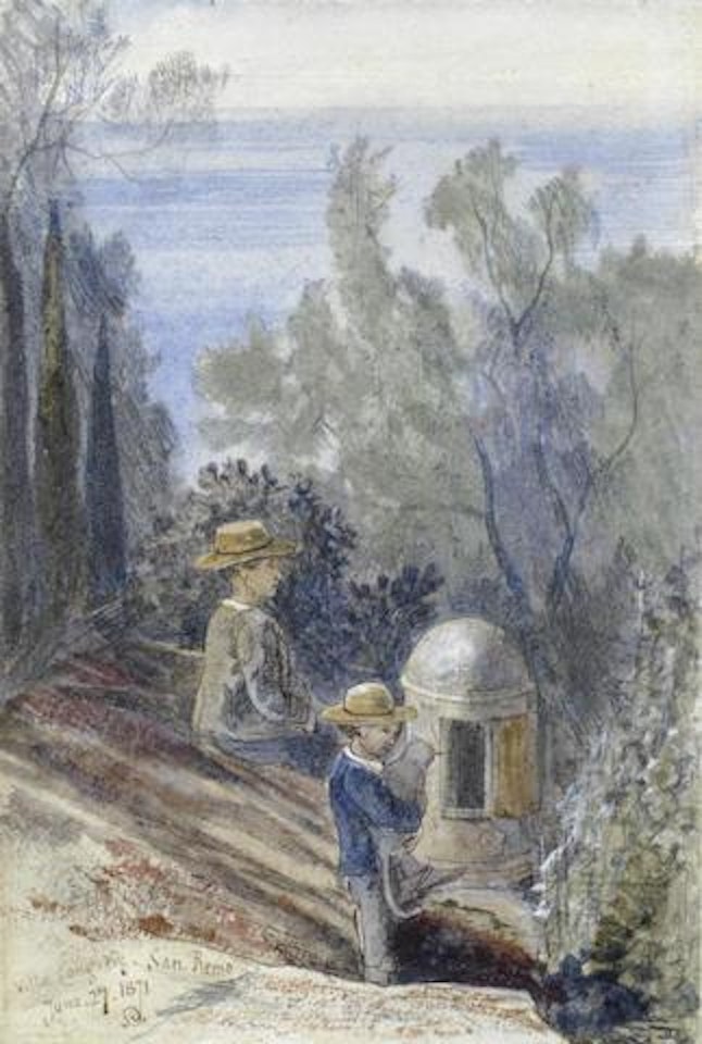 Hubert and Arnold Congreve, one carrying a cat on a slope above the Villa Congreve, San Remo by Edward Lear