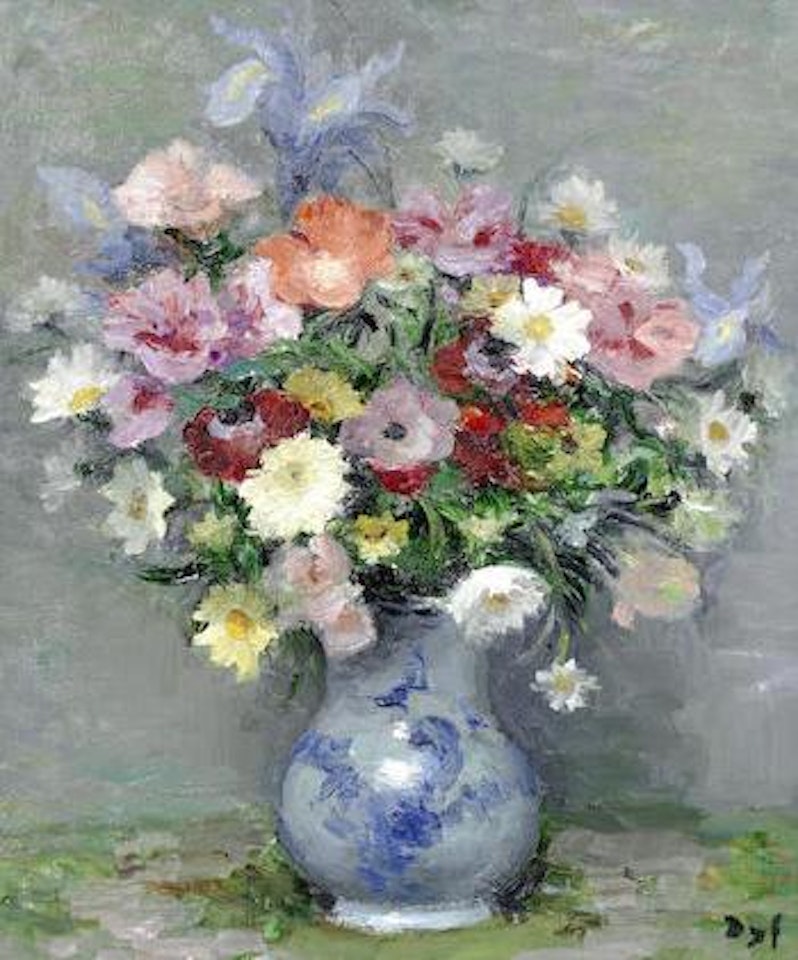 Godétias et iris by Marcel Dyf
