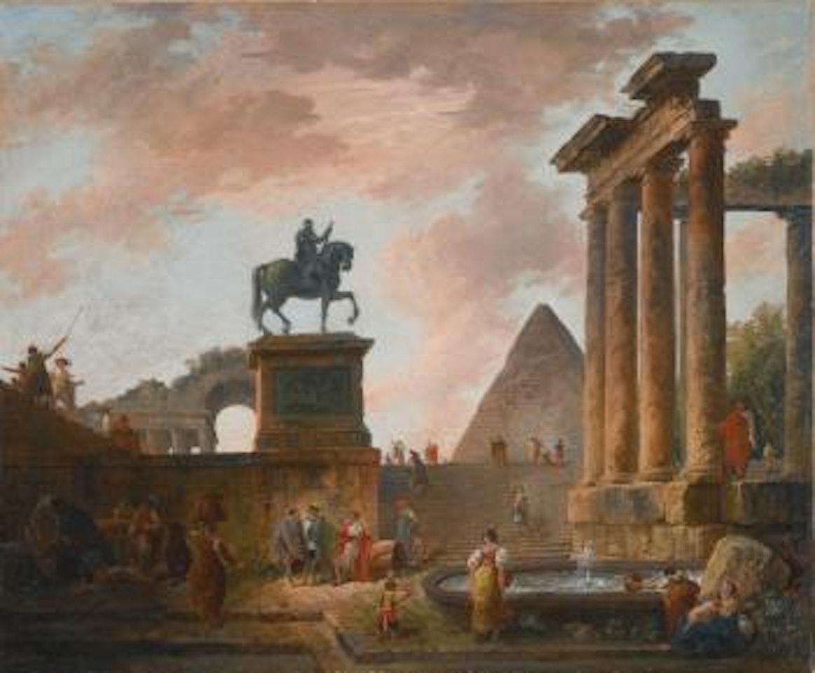A Capriccio with Troubadours and Washerwomen by A Basin Among Roman Ruins, A Pyramid Beyond by Hubert Robert