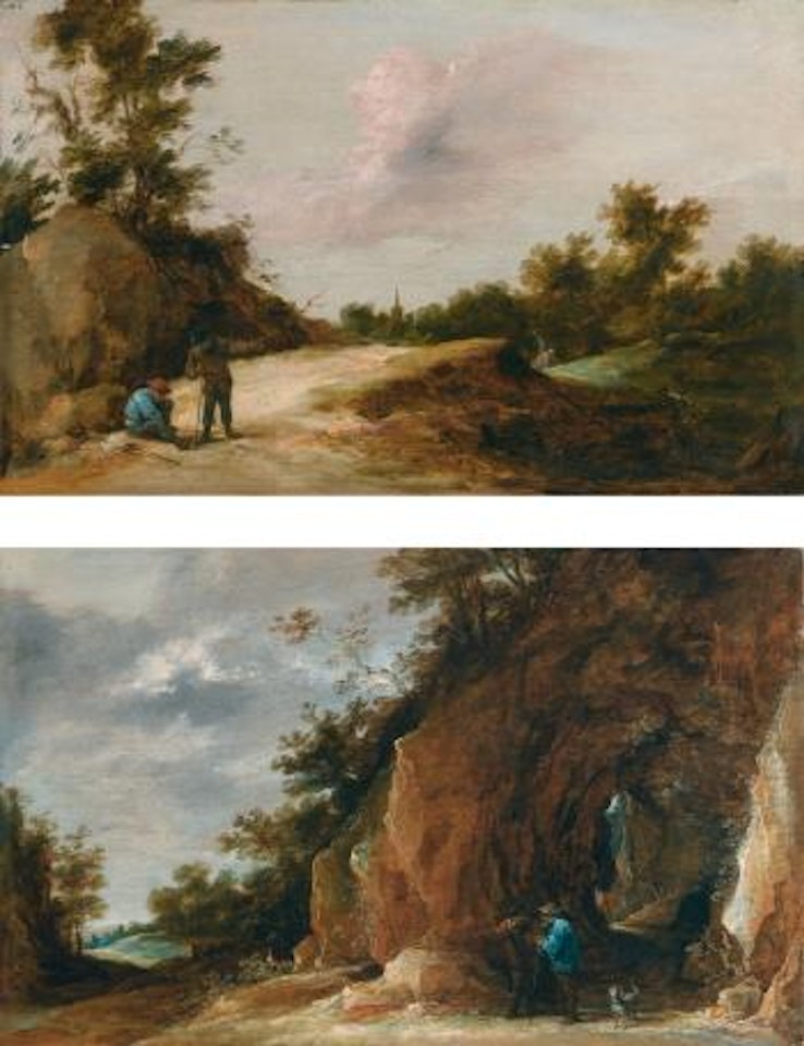 Peasants Resting on a Rocky Path, a Wooded Landscape Beyond; Peasants Discoursing by a Grotto in a Rocky Wooded Landscape by David Teniers II