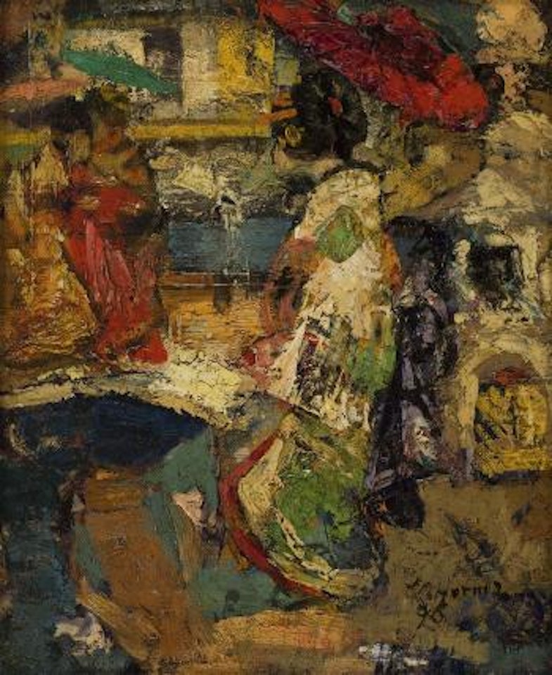 Japanese girls by an ornamental pond by Edward Atkinson Hornel