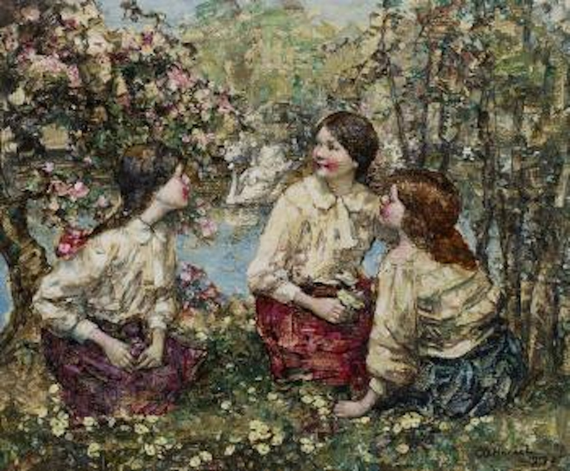 Gathering primroses by Edward Atkinson Hornel