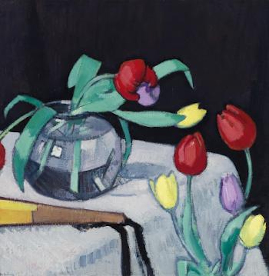 Still life with tulips on a black background by Samuel John Peploe