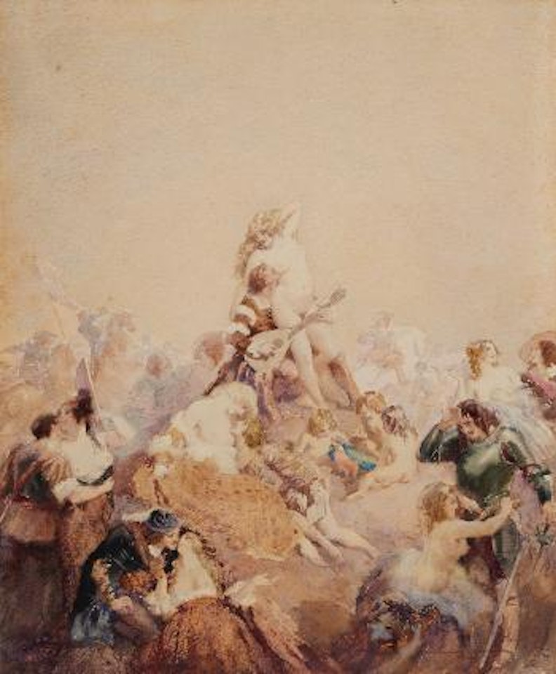 Girl with lute player by Norman Alfred Williams Lindsay