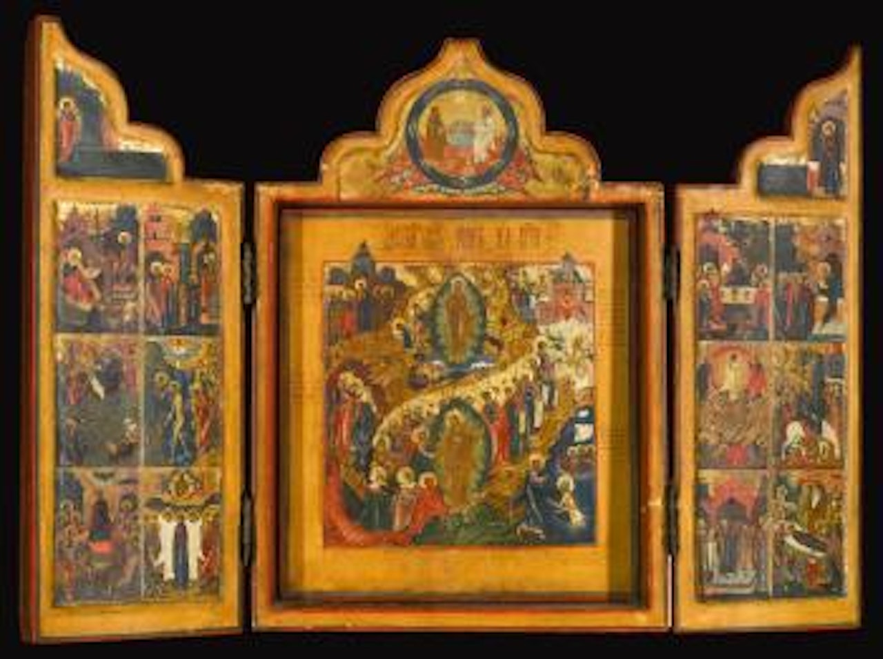 Triptych with the Anastasis and festival scenes, Palekh by Russian School