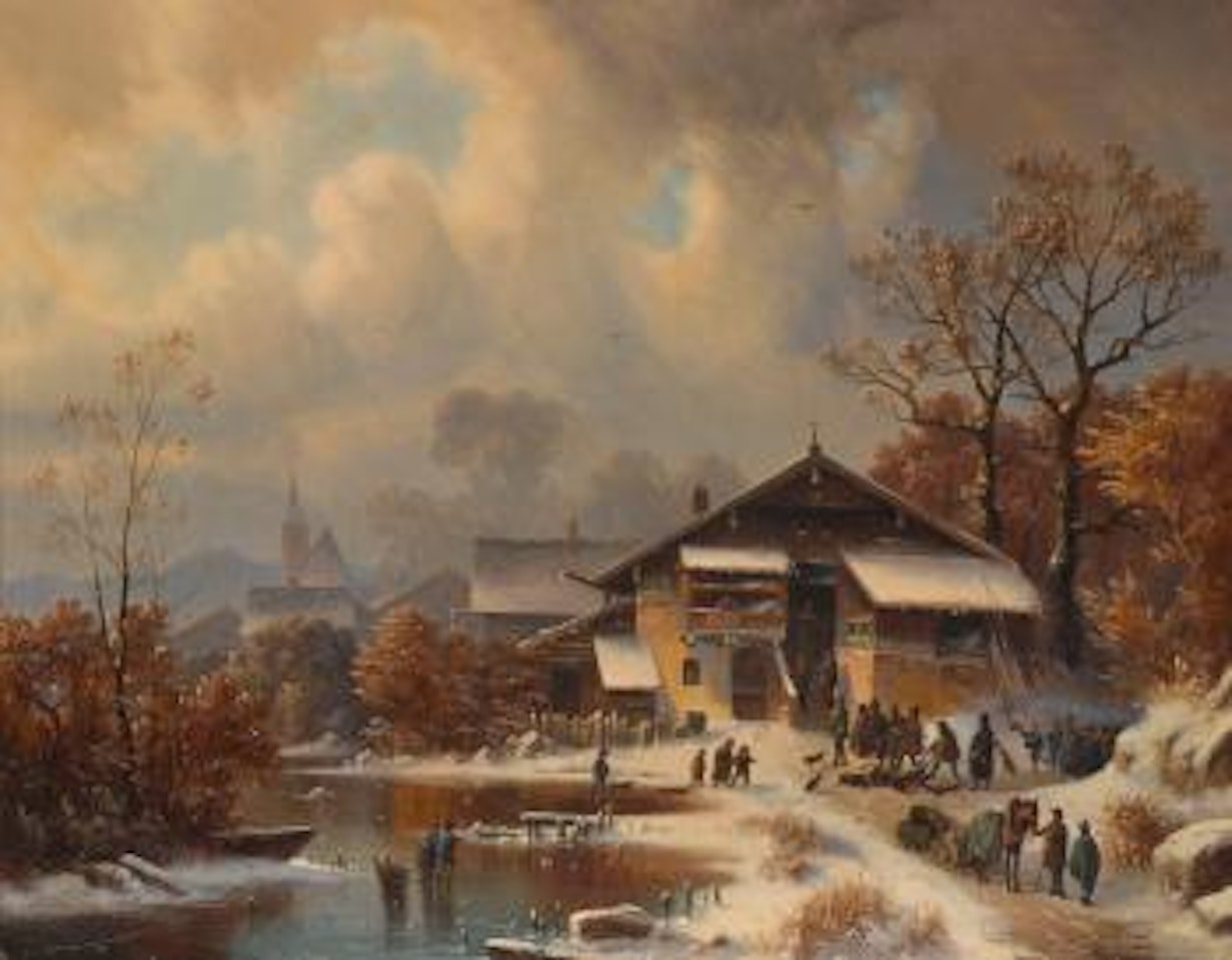 Winterliche Dorflandschaft mit heimkehrenden Jägern by Anton Doll