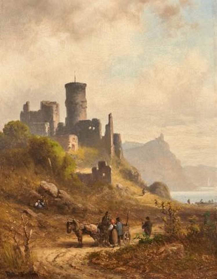 Pferdefuhrwerk und Figurenstaffage vor Burgruine by Anton Doll