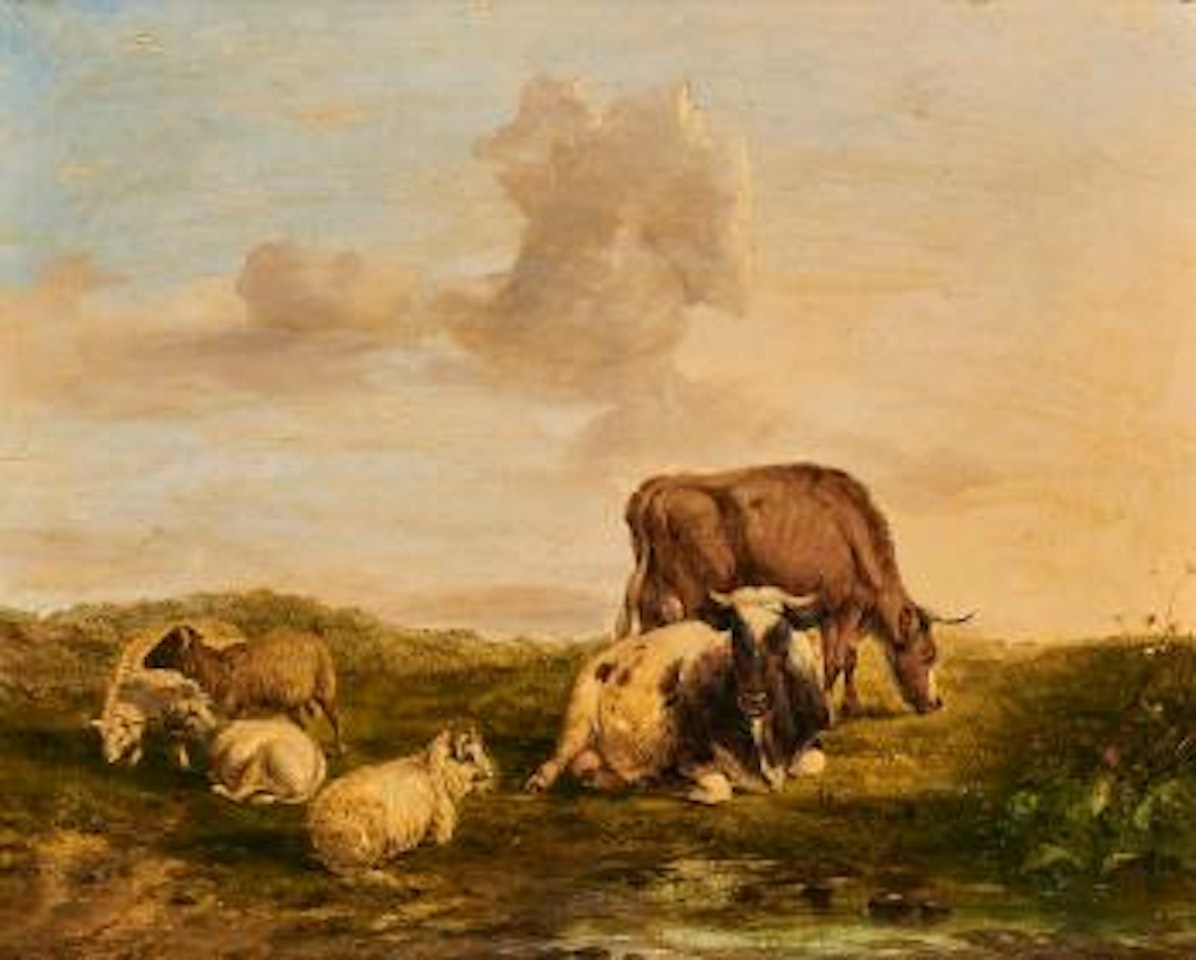 Schafe und Rinder auf der Weide by Thomas Sidney Cooper
