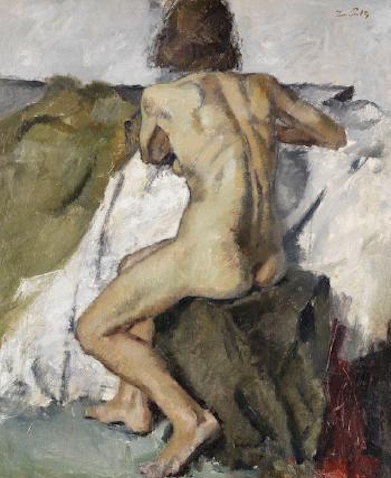 Sitzender weiblicher Rückenakt by Leo Putz