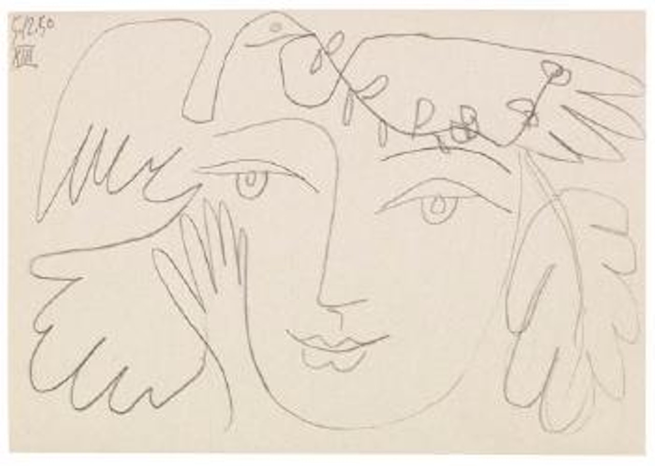 Colombe au Rameau d'olivier, Visage, Main et Feuille de Chêne (5.12.50 XIII) by Pablo Picasso