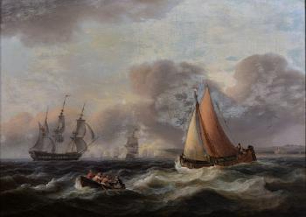 Fleet off the coast, with fishing vessels and a rowing board in the foreground by Thomas Luny