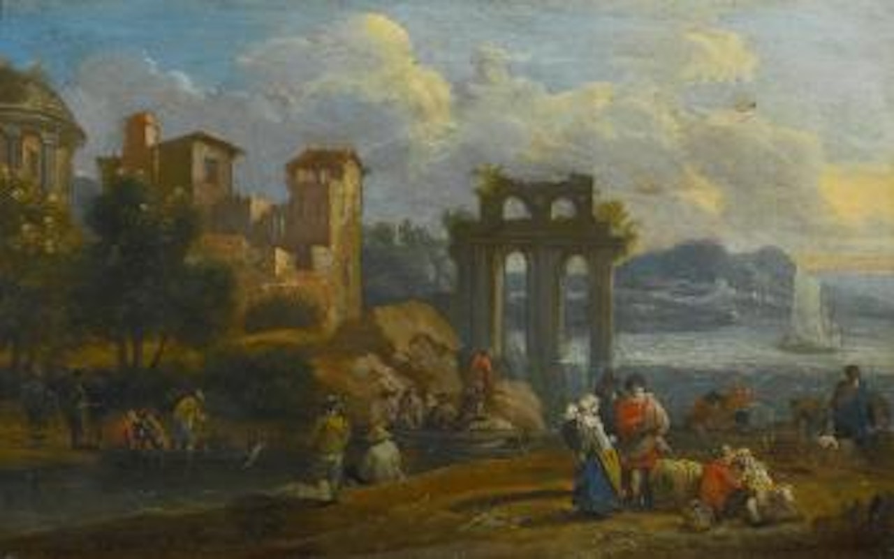 Figures in A Costal Landscape resting near Classical ruins by Pieter Bout