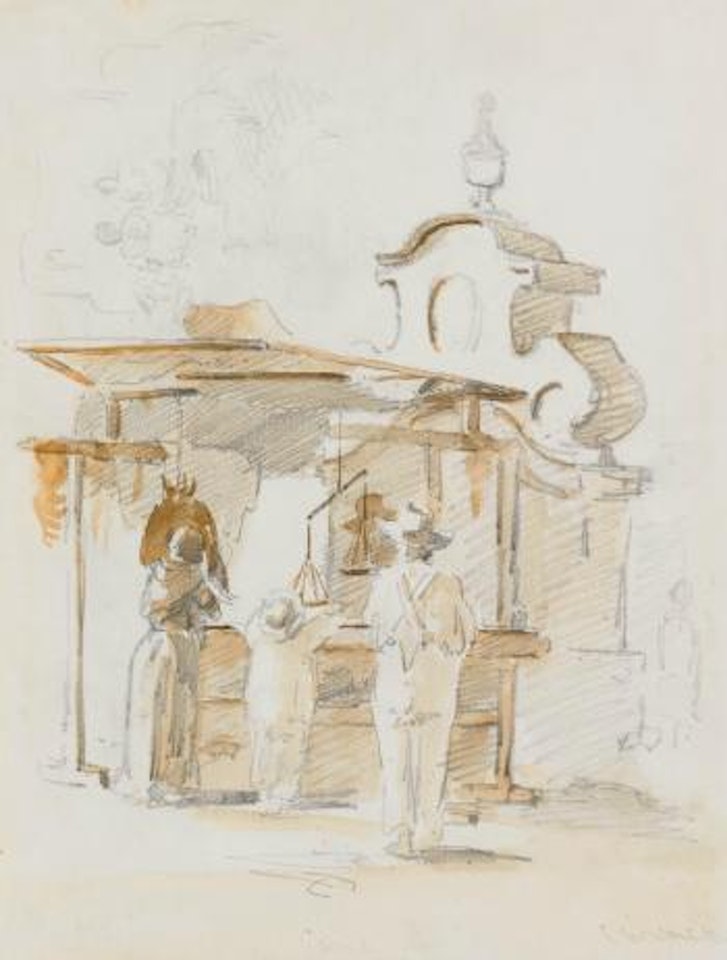 Three figures by a Fountain in caracas (recto) San Lazaro (verso) by Camille Pissarro