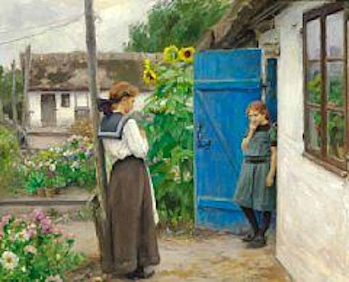 The blue door.  An elegantly dressed girl visiting her friend in the garden behind the farmhouse by Hans Andersen Brendekilde