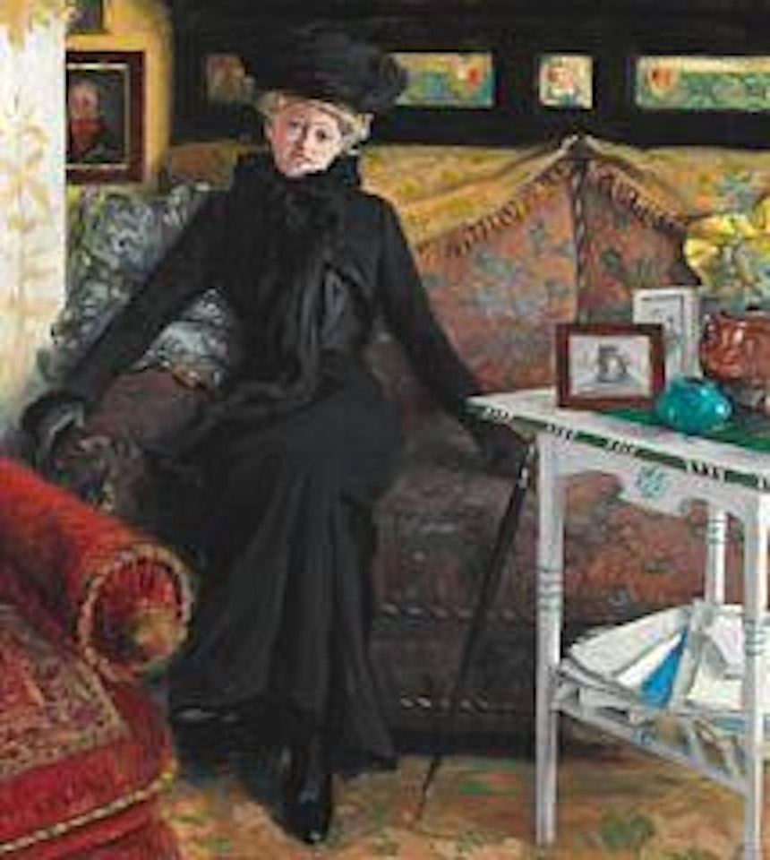The actress Oda Nielsen dressed in black sitting in the artist's living-room at Sofievej by Paul Fischer