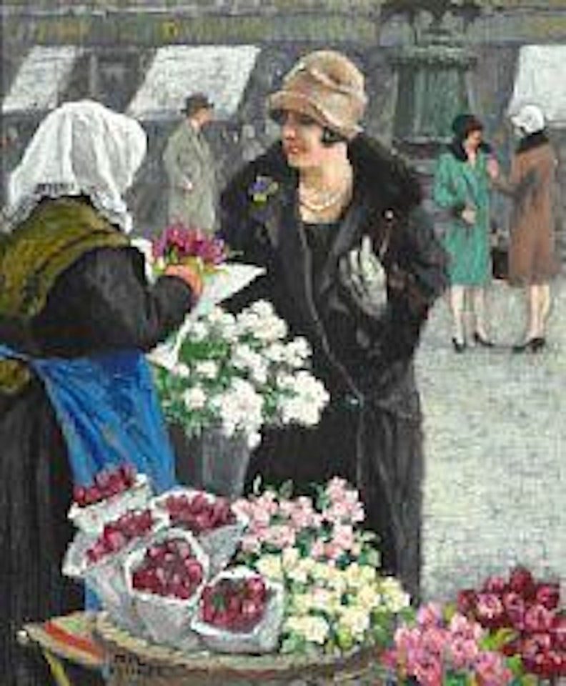 An elegant lady is buying flowers at Højbro Plads in Copenhagen by Paul Fischer