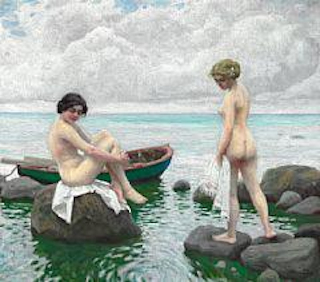 Two young women bathing from the rocks by Paul Fischer