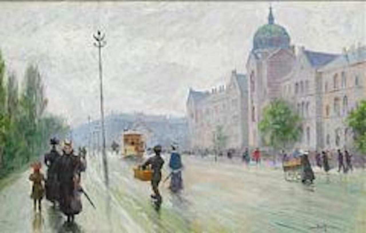 Elegant ladies and a yellow tram in Øster Farimagsgade.  To the right Kommunehospitalet (the Municipal Hospital) by Paul Fischer