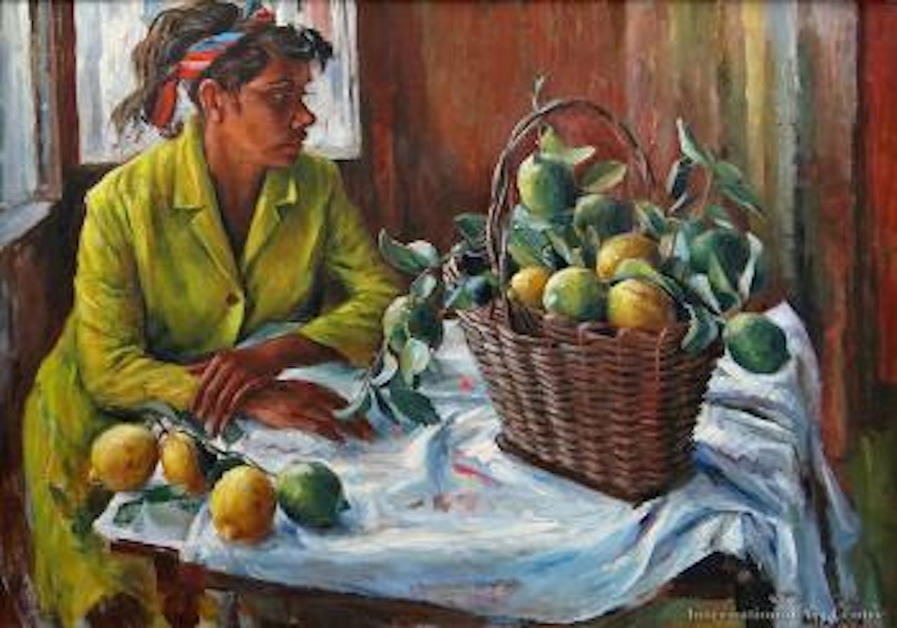Lady with flowers and fruit by Margaret Hannah Olley