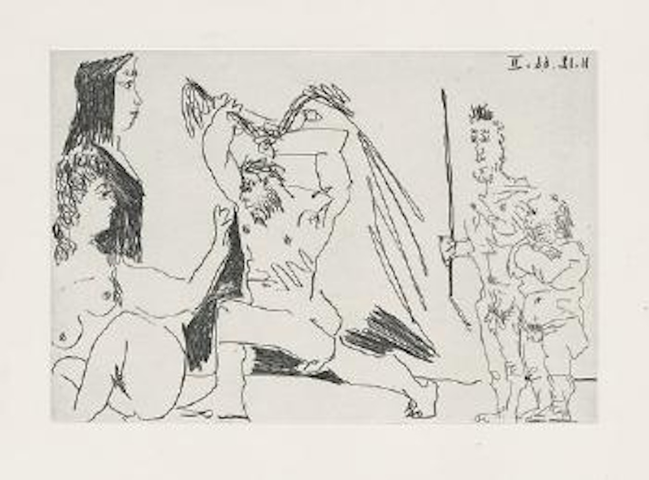 Barbu en colÃ¨re, avec deux femmes indiffÃ©rentes et deux spectateurs by Pablo Picasso